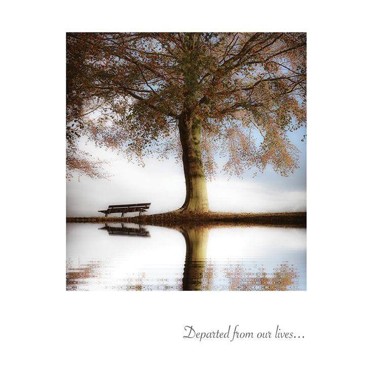 Old wooden bench sympathy card from Pictura featuring a serene image of a rustic wooden bench outdoors.